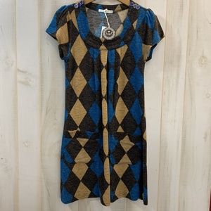 NWT Hazel Blue Tan Gray Argyle Dress Size Large